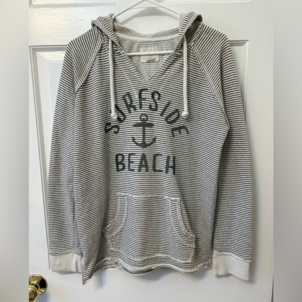 BLUE 84 Surfside Beach Sweatshirt Size L Hooded Gray and White Stripes Anchor